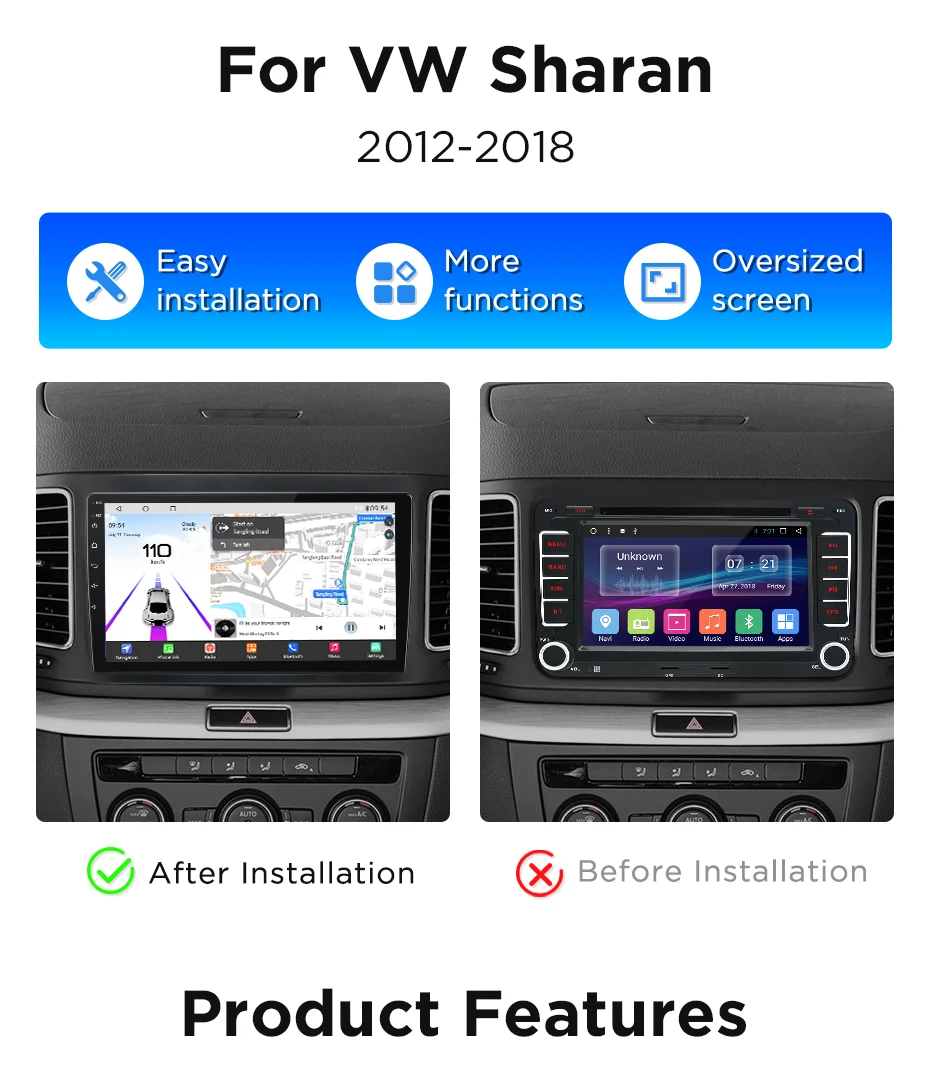 Junsun Autoradio für Volkswagen VW Sharan SEAT Alhambra 7N 2012-2018, kabelloses CarPlay, Android Auto, intelligente Fahrzeugsysteme, KI-Sprachsteuerung, 4G LTE, GPS, DSP, SWC, RDS, WiFi, BT, Navi, IPS-Touchscreen, Autoradio, Videoplayer, Head Unit, Stereo, 360 ° Panoramakamera – Detail 3