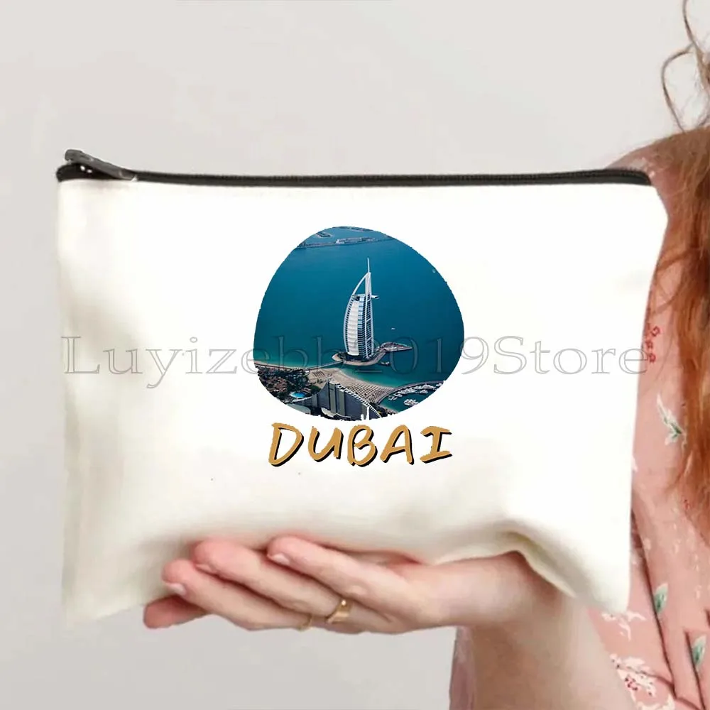 Dubai United Arab Emirates Burj Khalifa Skyscraper Sheikh Mohamed Canvas Cosmetic Makeup Toilet Bag Pencil Case Zipper Pouch