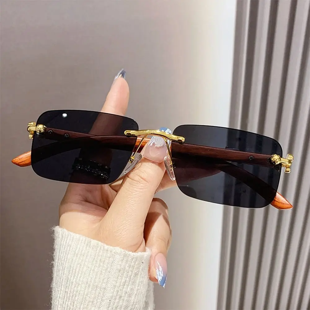 

New Vintage Rimless Sunglasses Cheetah Decor UV400 Metal Sun Glasses Square Shades for Women & Men