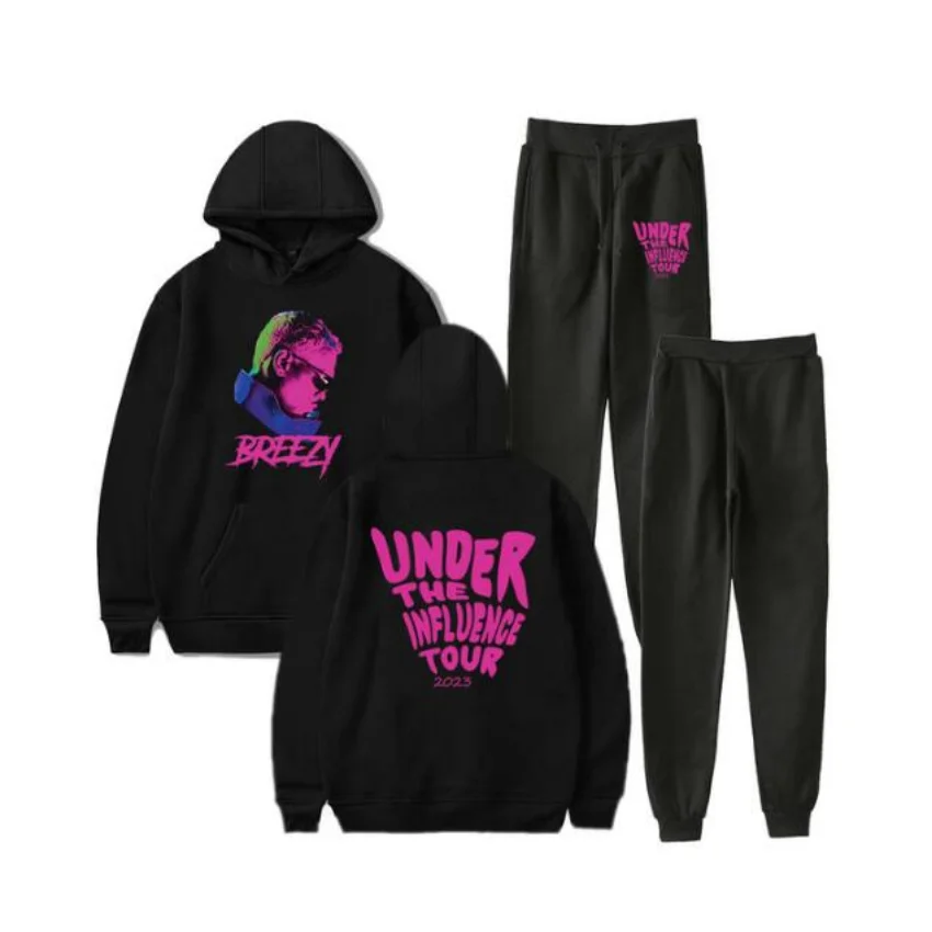 Conjunto de 2 piezas formado por Sudadera con capucha y pantalones, chándal informal, ropa deportiva, de la gira de la influencia de Chris Brown, 2023