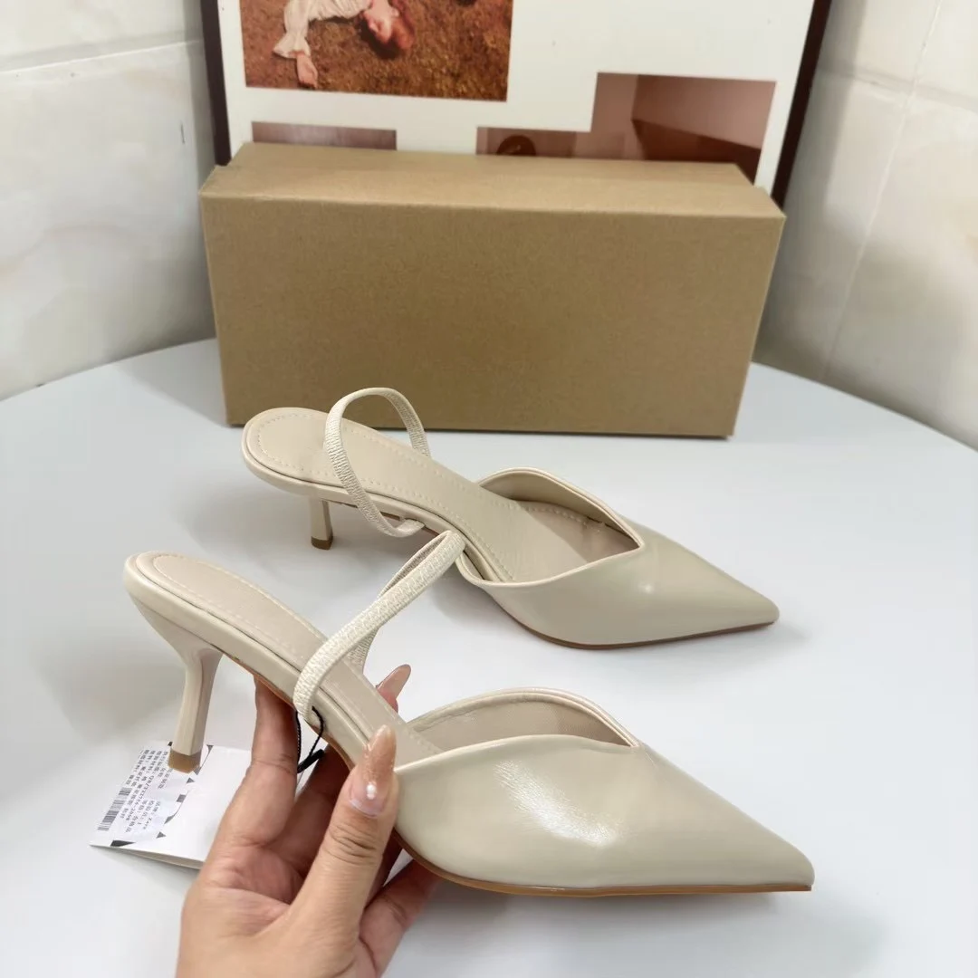 TRAF Frensh Style Stilettos Slingbacks Fashion Women's Point Head Mid Thin Heel Pumps Shoes Summer Beige Partent Leather Sandals