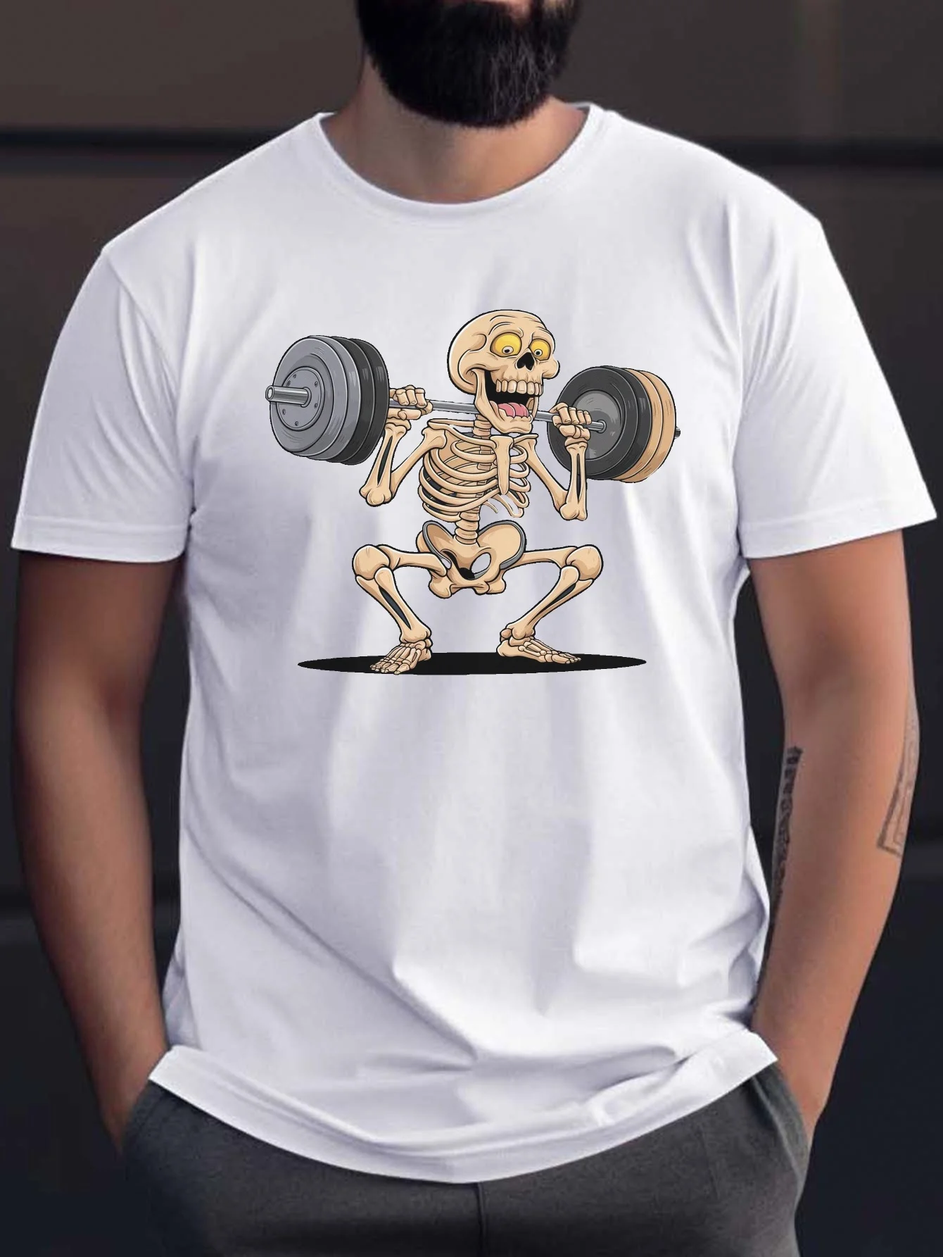 

Mens Casual Short Sleeve T-Shirt with Laughing Skeleton Weightlifting Print Breathable Polyester Crew Neck Summer Fashion