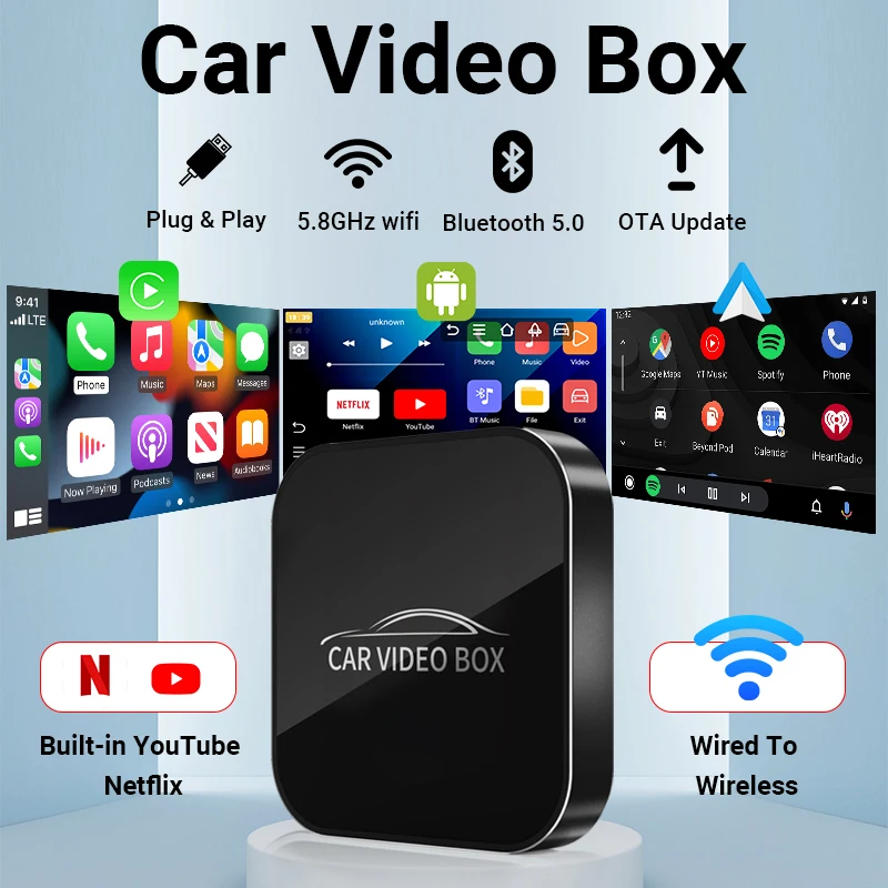 2025 New Smart Car Video Box Carplay Adapter Wired to Wireless Carplay& Android Auto Cars Smart AI Box For Netflix Youtube