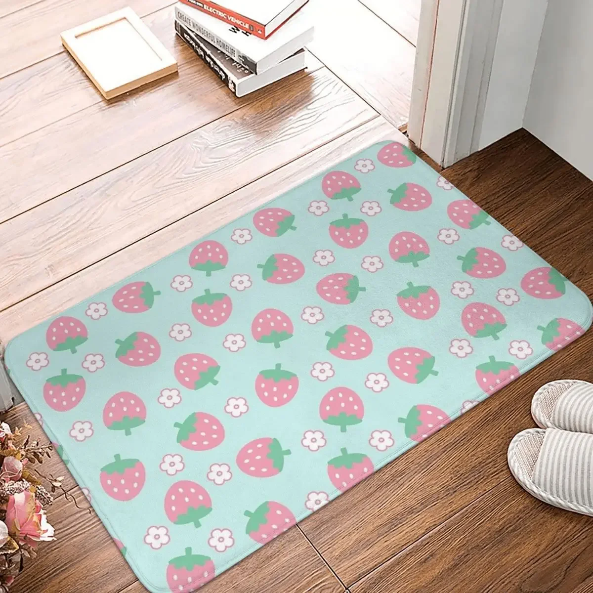 

Strawberries Flowers Pink Doormat Rug Carpet Mat Footpad Polyester Non-slip Water Oil Proof Entrance Kitchen Bedroom Balcony