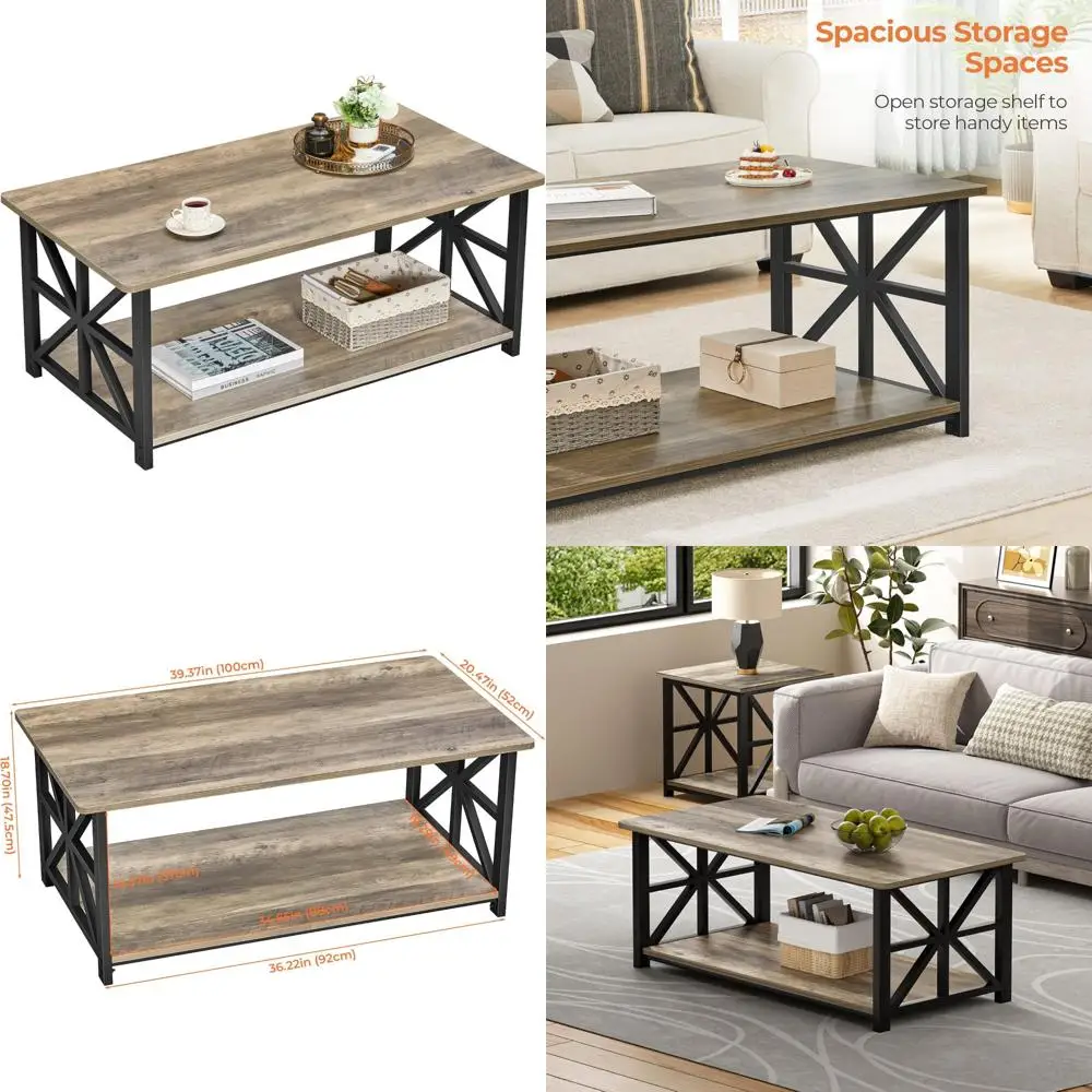 

Журнальный столик для гостиной в стиле фермерского дома с круглыми углами и полкой для хранения, 39-дюймовый компактный центральный стол