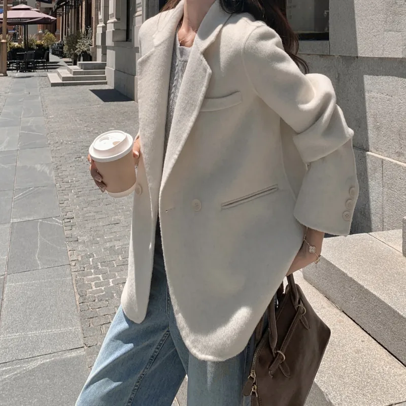 WHTREND Nuovo Autunno E Inverno Blazer di Lana Per Le Donne Versione Coreana Colletto Dentellato Giacca Doppio Petto Cappotti WH1410