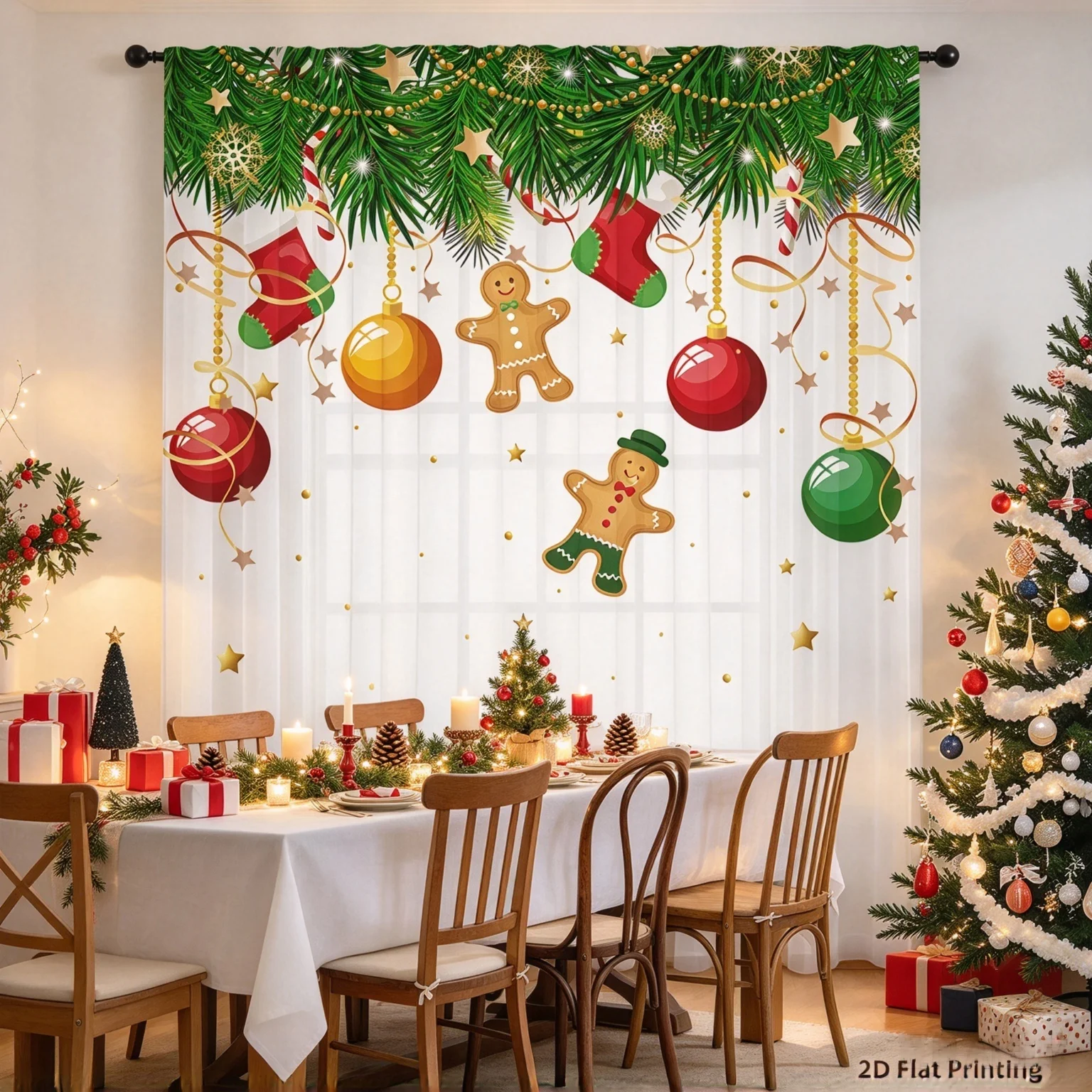 Festive Christmas Sheer Curtain Xmas Style Print Window Drapes Holiday Home Decor to Boost Room Ambiance