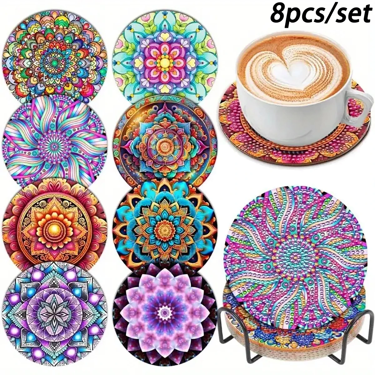 8 pieces/set of diamond painted mandala coasters (with holder) DIY diamond art craft kit beginners, art craft supplies gifts