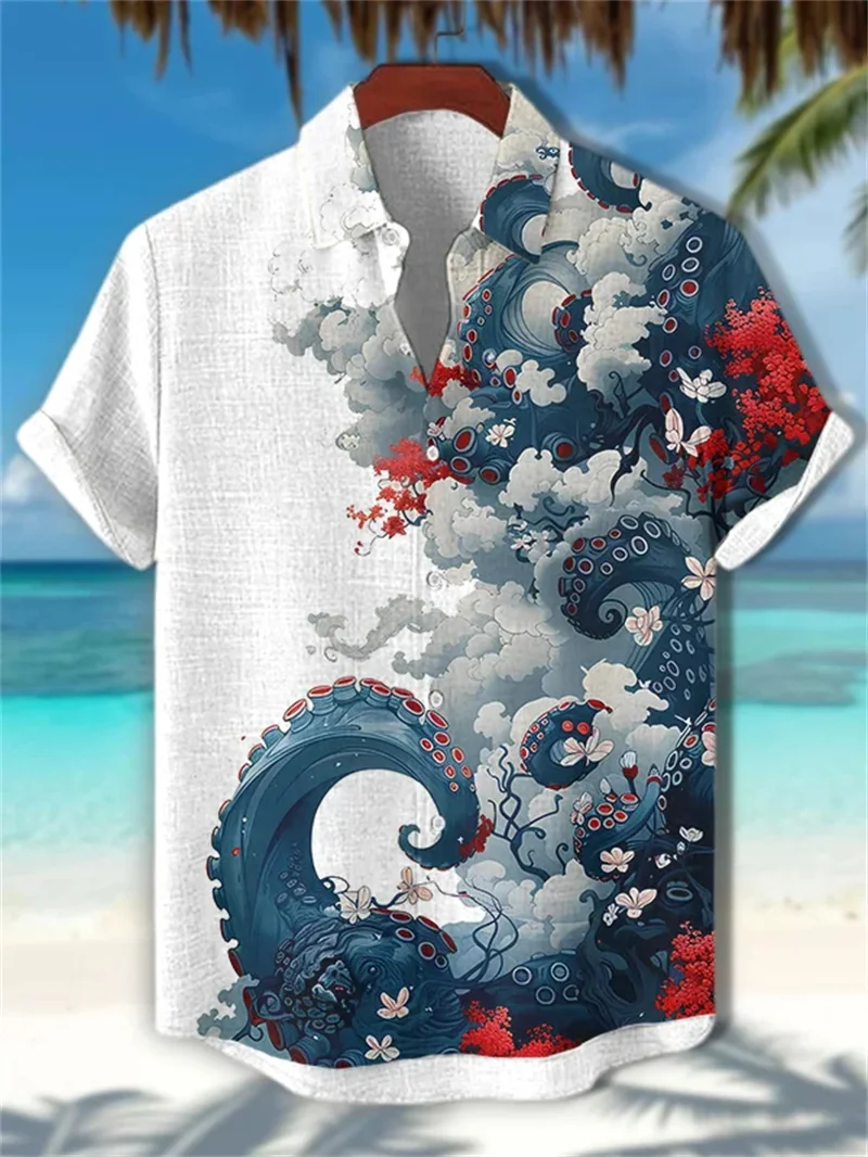 Herren Leinen lockeres Freizeithemd Top Retro Cloud Art Print und Ozean Oktopus Blume Sommer Bohemian Harajuku Retro