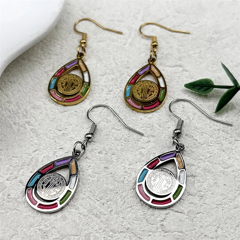 Oval Enamel Saint Benedict Pendant Drop Earrings for Women Men Stainless Steel Gold Color Earring Catholic Jewelry San Benito