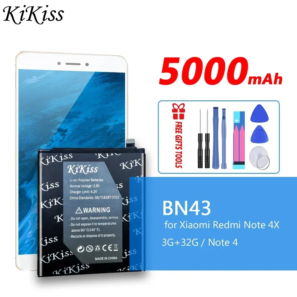 KiKiss BN43 5000mAh For Xiaomi Redmi Note 4X 3G+32G / For Redmi Note 4 Global Version Snapdragon 625 Phone Replacement Batteries