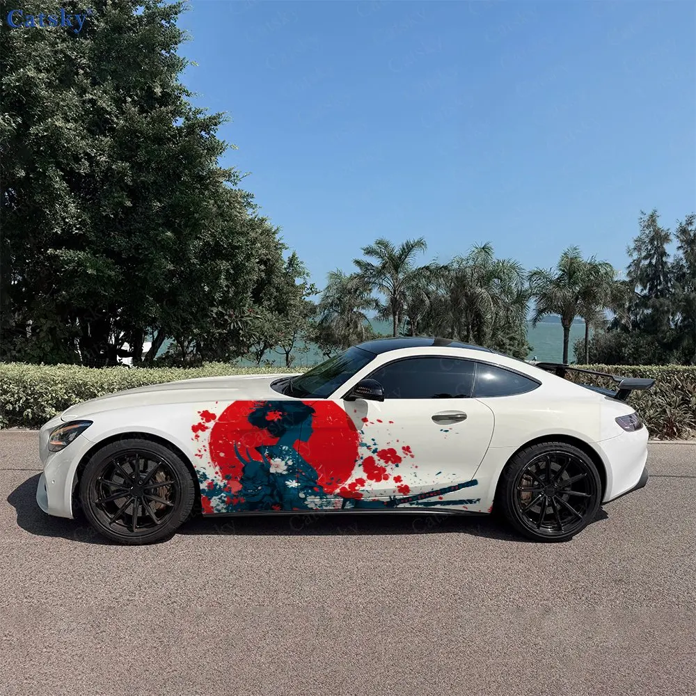 2pcs Ink Splatter Red Flame Samurai Car Side Wrap, Self-Adhesive PVC Waterproof & Scratch-Resistant Stickers, Car Accessory Gift