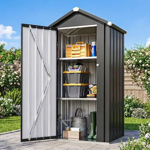 Vertical Outdoor Storage Cabinet 2.5’x2’ with Floor & Shelves Black | 21 Cu.Ft Weatherproof Metal Tool Shed with