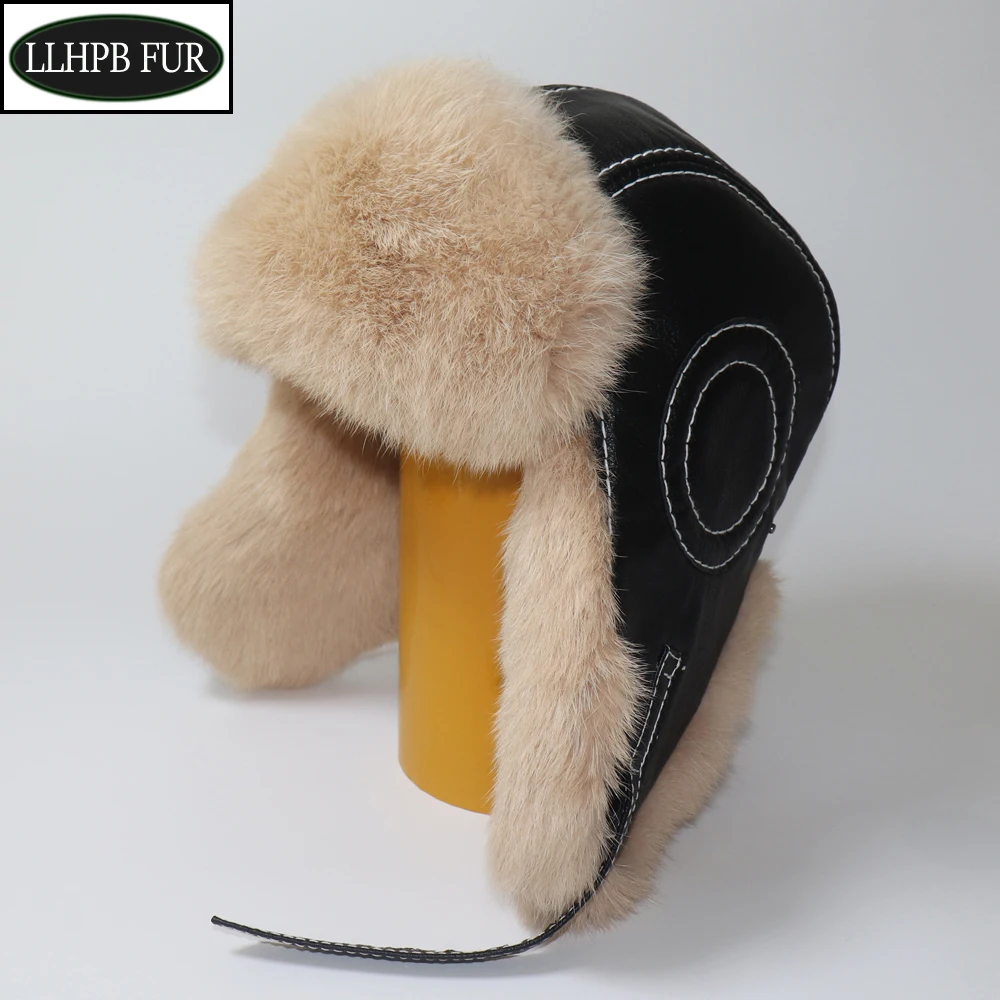 Men's Fur Caps Warm Natural Rabbit Fur Bomber Hat With Earflaps Winter Hot Sale Unisex Warm Ushanka Hat Real Sheep Leather Hats