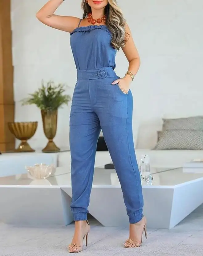 

Women's Two Piece Set Elegant Commuting Square Neck Spaghetti Strap Frill Hem Cami Top and High Waist Pocket Design Pants Set