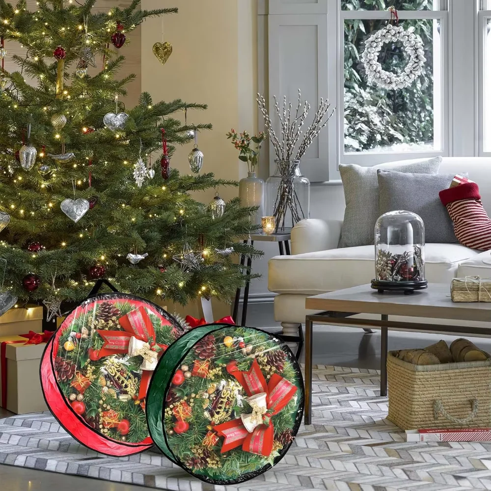 Waterproof Christmas Wreath Storage Bag Transparent Window Zipper Xmas Decor Storage Pouch Thickened with Handles