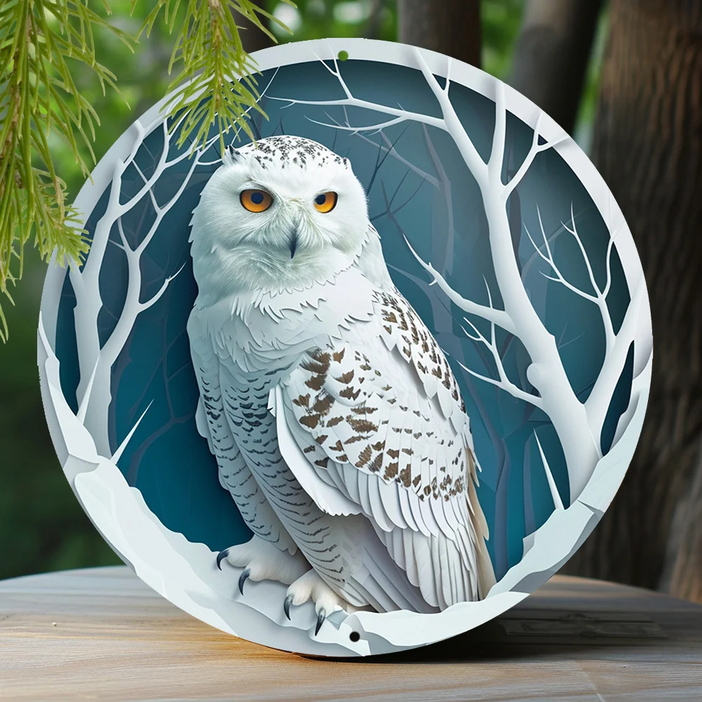 Spring Round Aluminum Sign Faux Cutout Painting Circular Wreath Sign Living Room Decoration Gifts Snowy Owl Theme Decoration