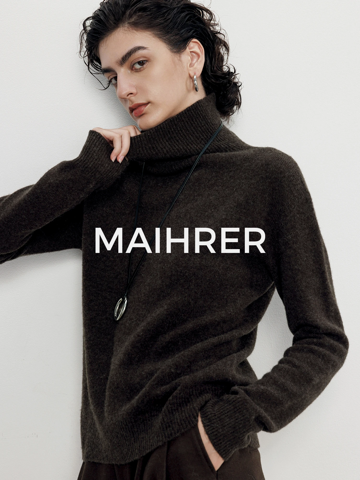 

Maiherer High Collar Woolen Sweater Women's Coffee Color Lazy Design Top Casual Loose Fit Knitted Winter Faion for Teens