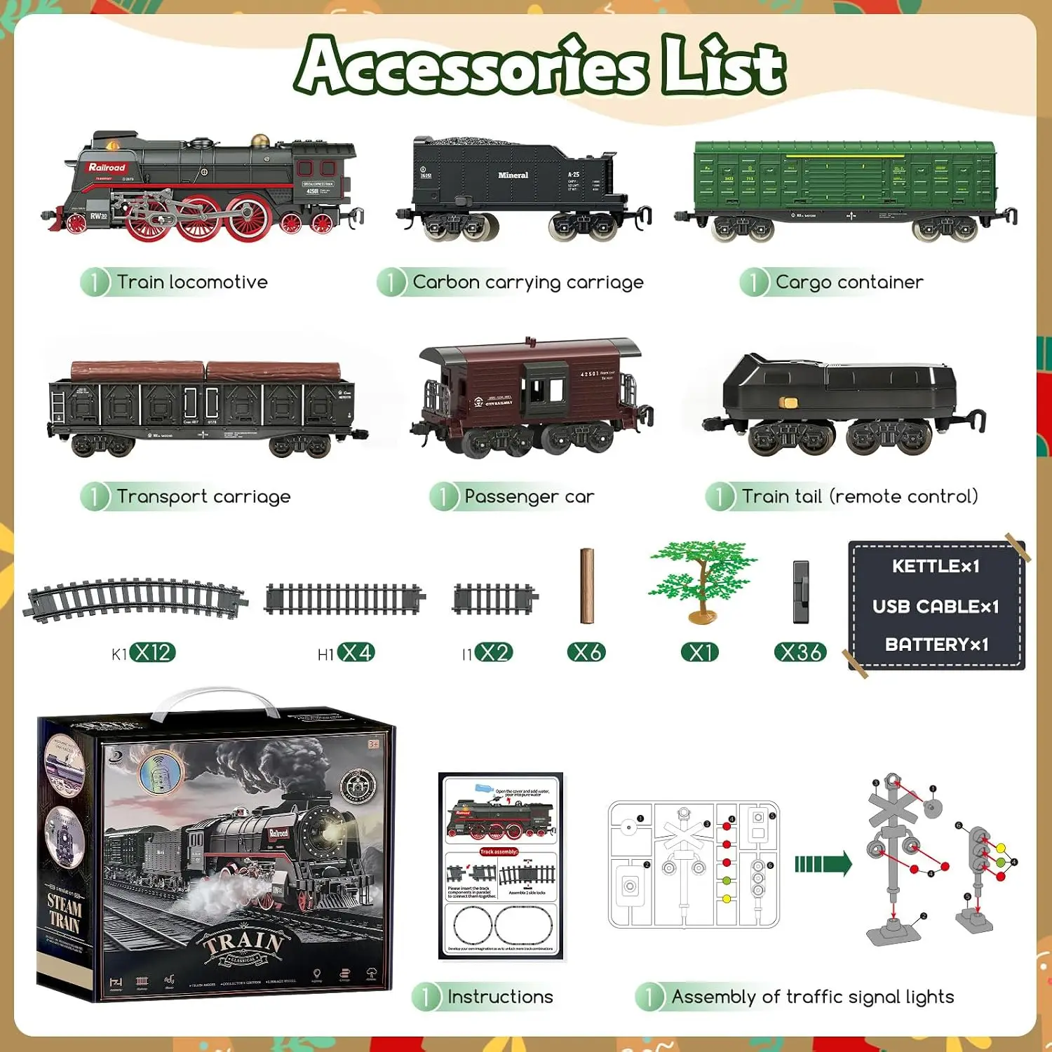 Christmas Electric Train Set Smoke Lights Sound Remote Control USB Rechargeable Track Gifts Kids 3+