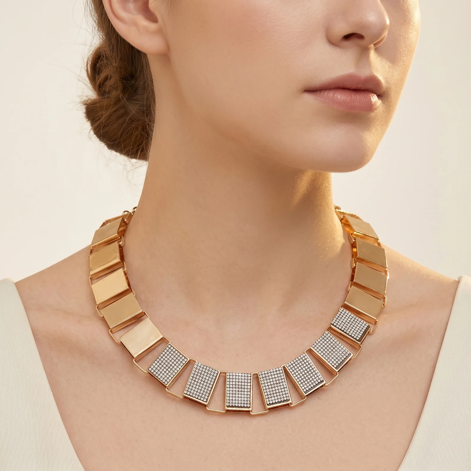 Silver Statement Necklace with Geometric Panels and Crystal Embellishments, Adjustable Chain Closure,Fashion Jewelry for Women