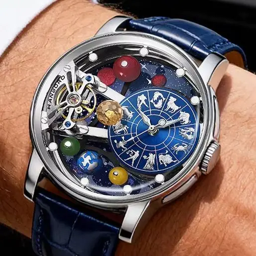 HANBORO Men Automatic Watch 43mm Mechanical Wristwatch 50m Waterproof Luminous Rotatable Crystal Background Constellation Dial