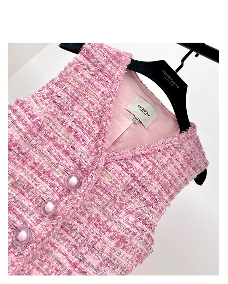 New Pink Plaid Wool Tweed Vest Women Y2k Small Fragrant Cropped Vest V-neck Sleeveless Short Women's Vest