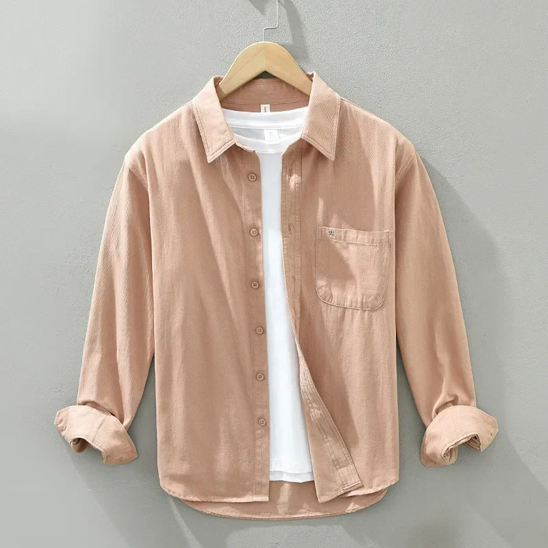 

Spring Summer Mens Long Sleeve Pink Shirt Japanese Casual Shirts Pure Cotton Soft Man Tops Lapel Shirt Simple Versatile Shirt