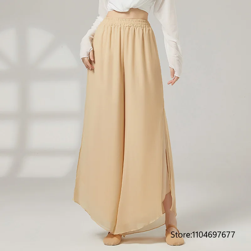 Women Classical Dance Chiffon Split Pants Modern Chinese Dance Culottes Professional Yoga Practice Pants Wide-leg Pants