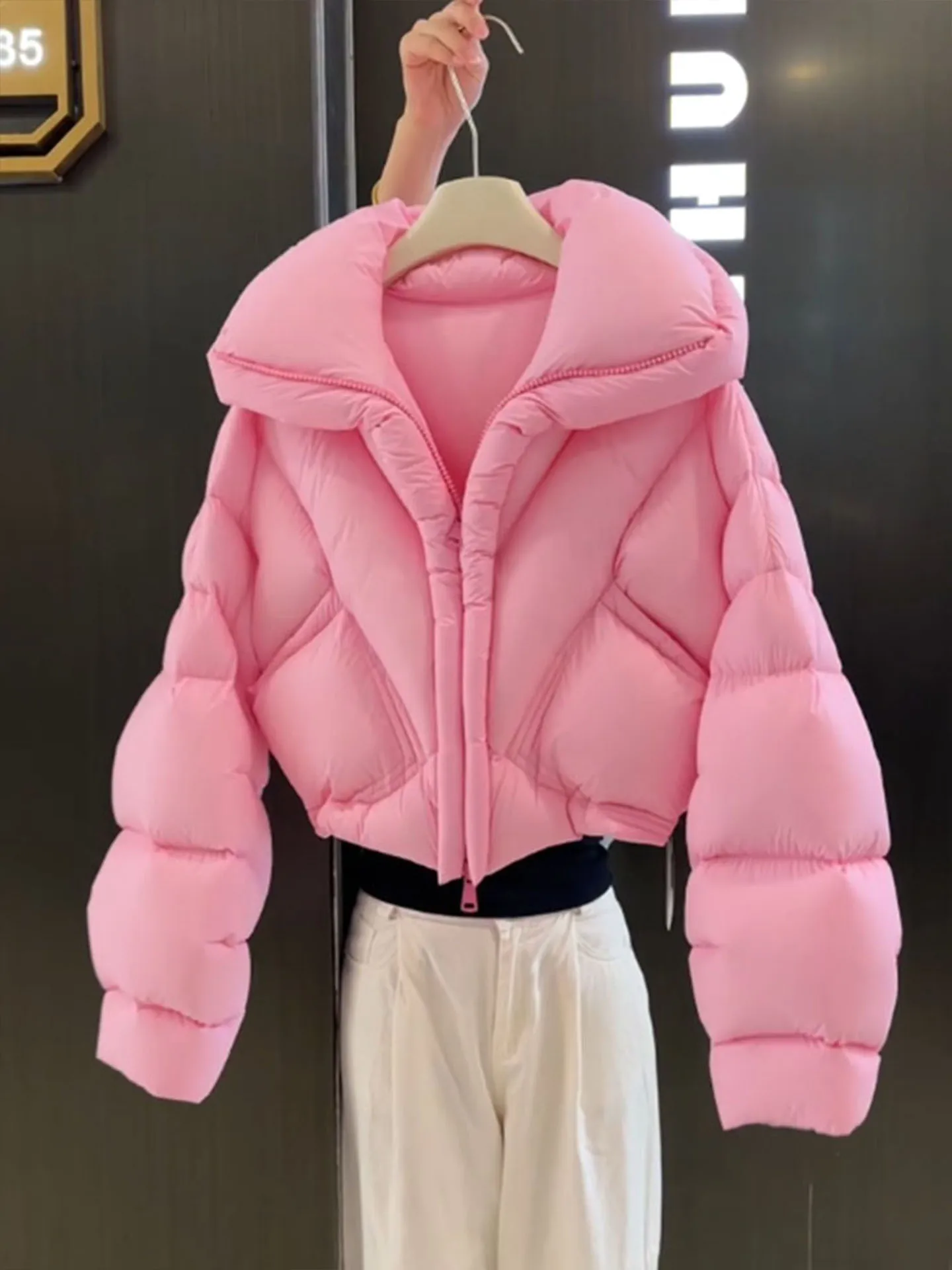 

Korean Sle ort Puffer Jaet Women's Pink Stand Collar Winter Coat Thi Outerwear Bread Commute Sle Regular Fit