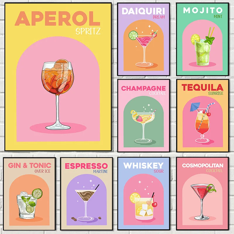 Carteles de Spritz de cóctel, pintura en lienzo de jugo de fruta, Impresión de bebida de Sangria, Negroni, Martini, whisky, decoración del hogar para Bar y Club