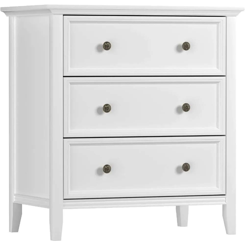 

Nightstand with 3 Drawers and Charging Station, Solid Wood Dresser Organizer for Bedroom, Living Room, Easy Assembly, White