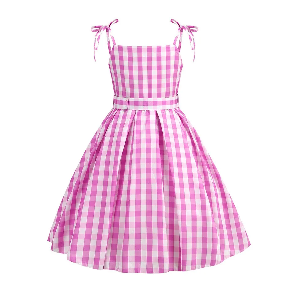 Disney 2024 Summer Beach Stripe Cute Pink Barbi Suspender Casual Barbi Dress for Girl Cosplay New Movie Margot Skirt With Belt