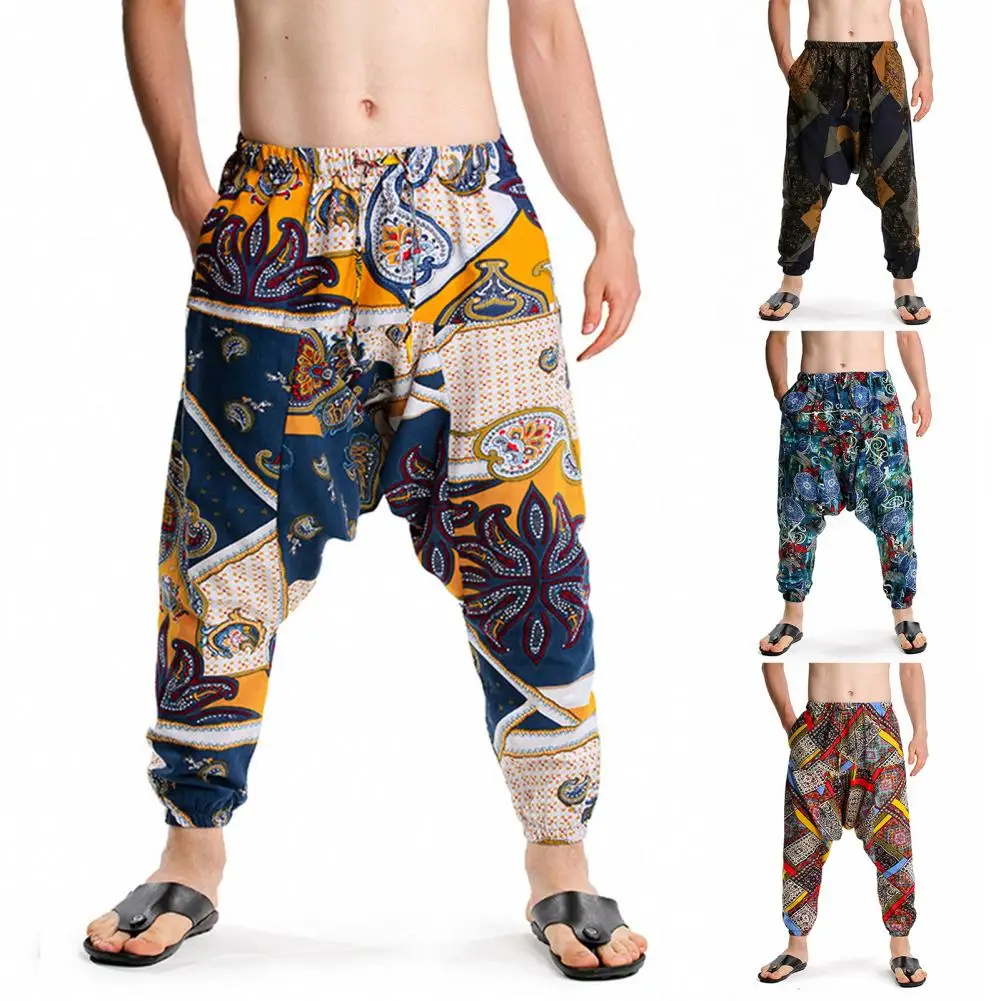 

Men Baggy Boho Gypsy Cargo Pants Fashion Print Large Crotch Ankle Tied Streetwear Bottoms Trousers Boho Pants