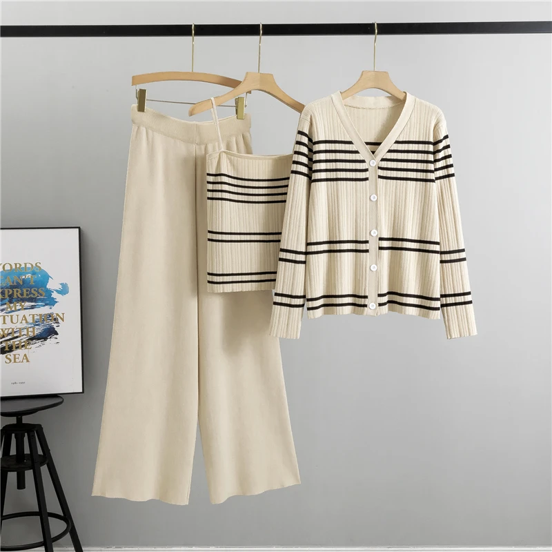 2024 Autumn New Ins Women Long Sleeve Stripe Cardigan Sweater Vest Knitwear And Wide Leg Pants Knitting Three-Piece Set 