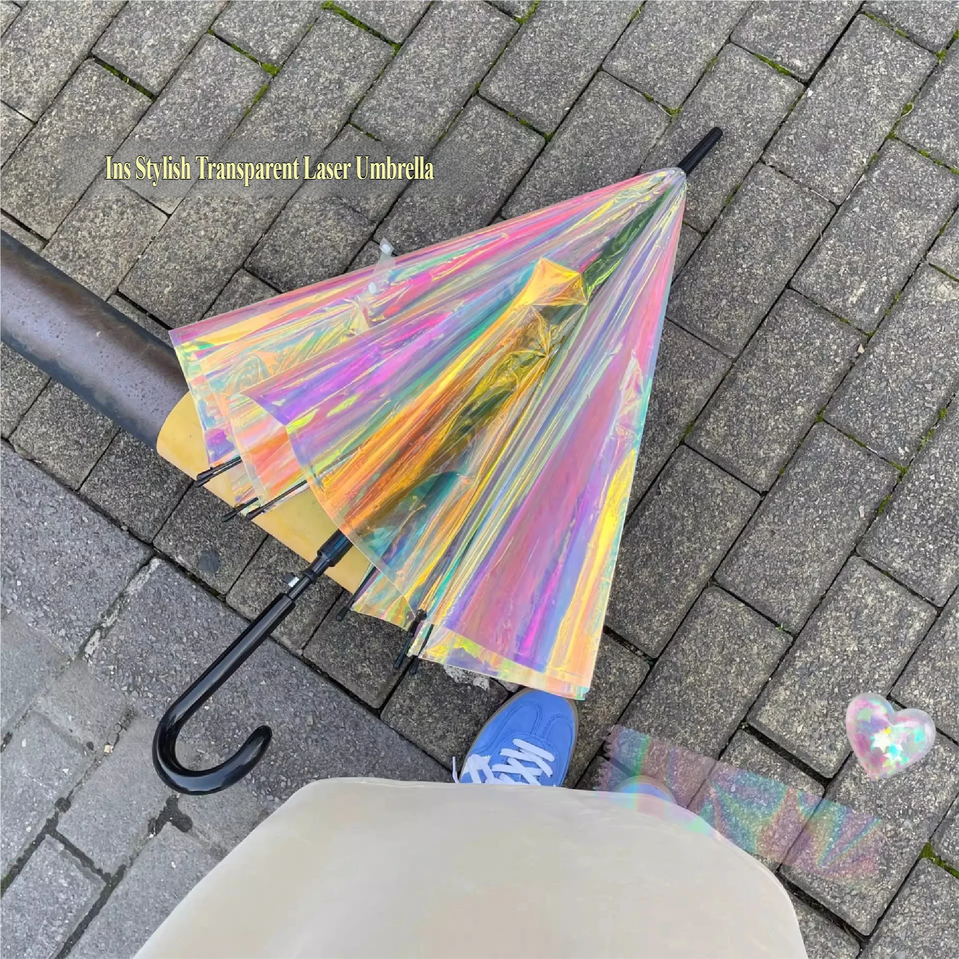 Colorful Laser Transparent Umbrella, Japanese-Style Long-Handle Umbrella, Stylish and Good-Looking for Both Men and Women, Inter