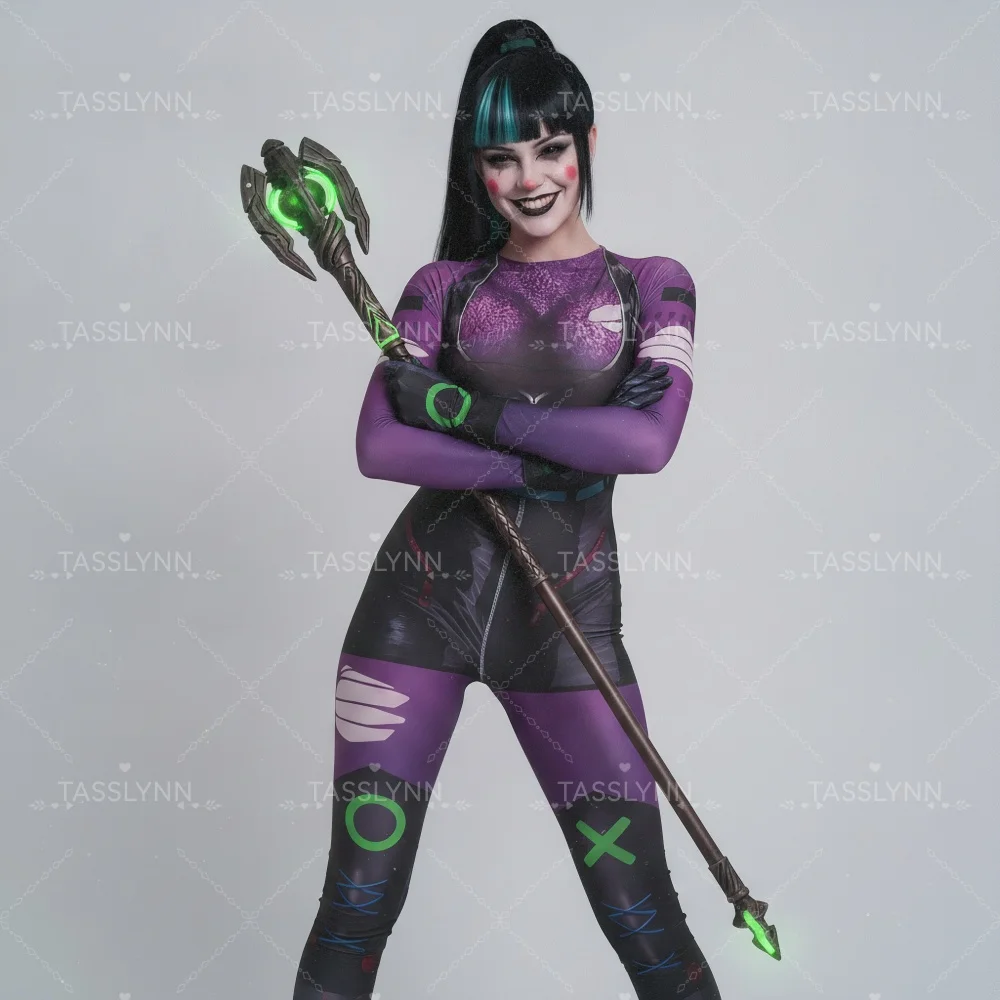 Cyber Punk Clown Girl Punchline Cosplay Zentai Bodysuit Purple Black Print Full Body Jumpsuit Halloween Cos Costume view 3