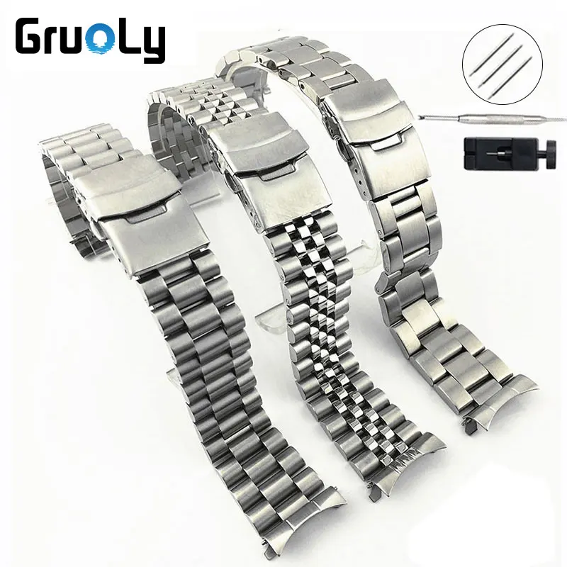 Correa de extremo curvado, correas de 20mm y 22mm para Seiko SKX007 SKX009 SKX011, pulsera Universal de repuesto, pulsera completa de acero inoxidable