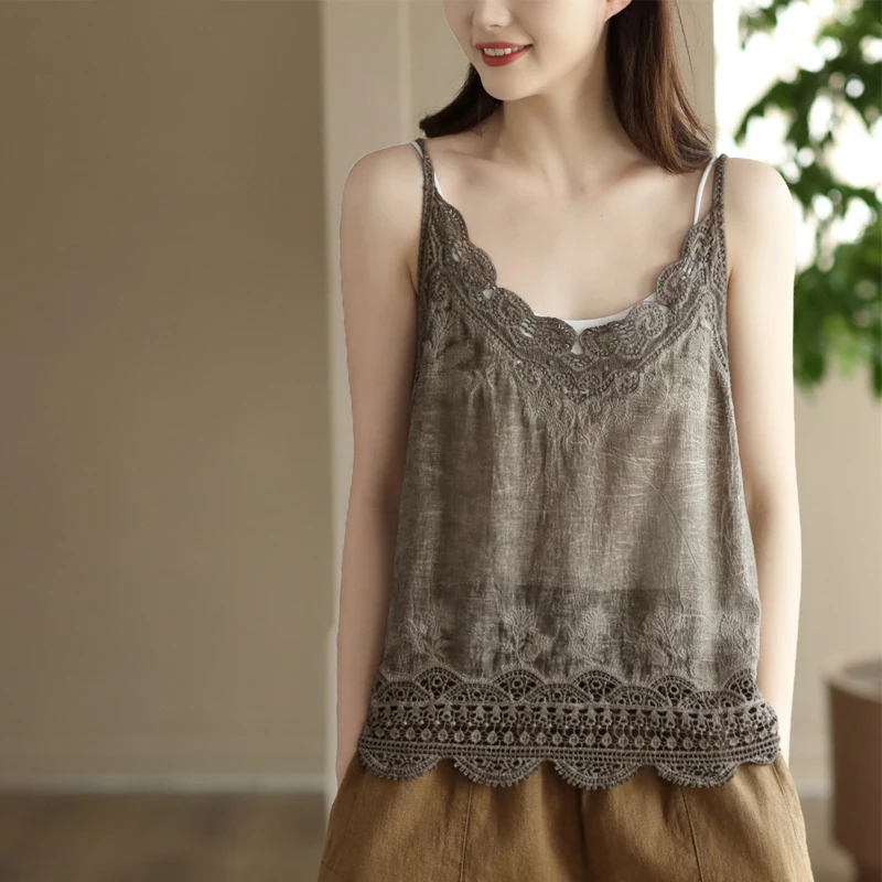 Retro Embroidered Lace Hollow out Cotton Linen Vest Women's Elegant Outerwear Strapless Outlet Store Summer Fashion Ladies' Vest