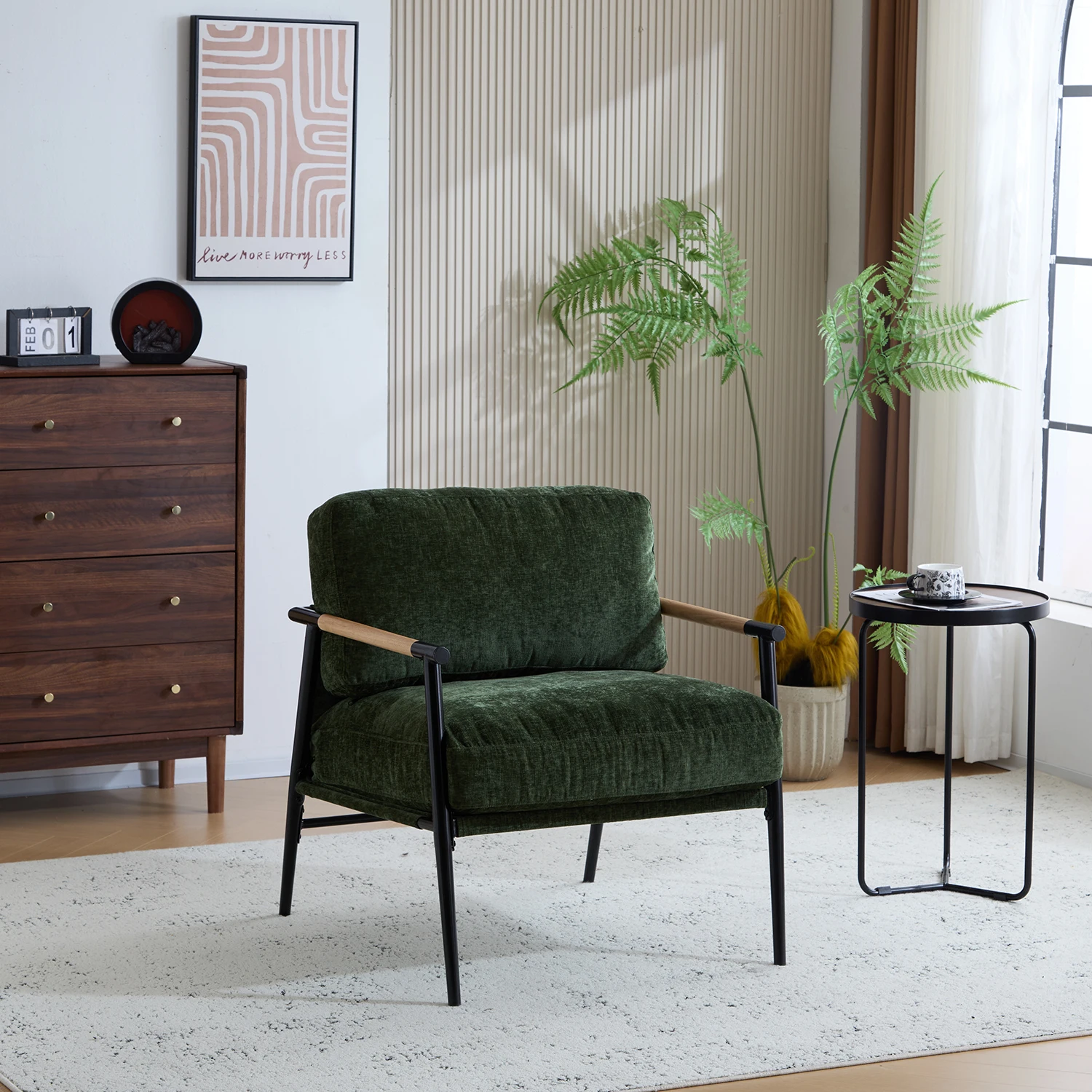Modern Single Chair, Upholstered Sofa Chair With Plush Cushions Wooden Armrest Accent Armchair With Metal Frame For Home Office