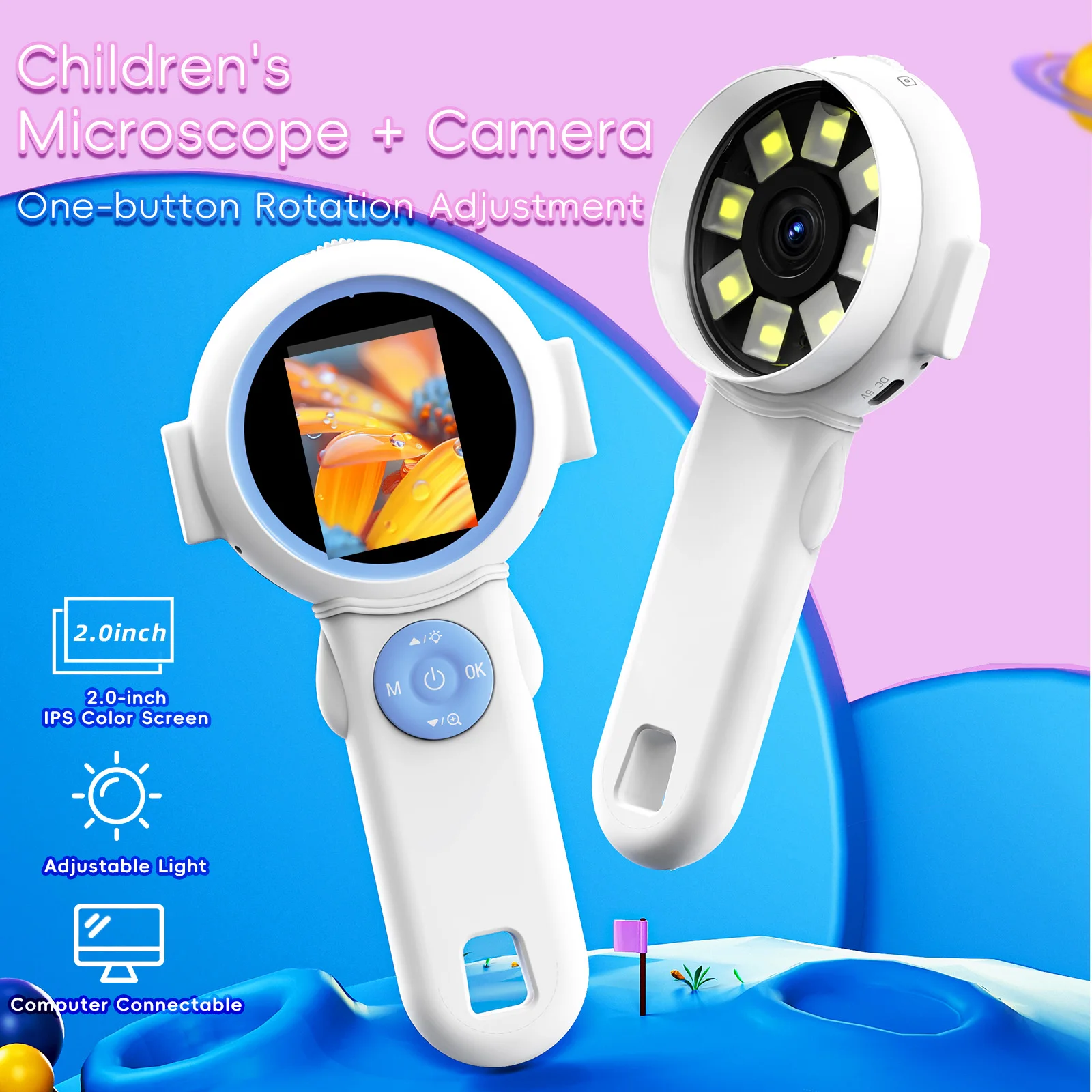 

Pocket Educational Kids Handheld Magnifying Toy 2.0-Inch IPS HD 8 LED Light Digital Microscope for Children Educational Toy Gift
