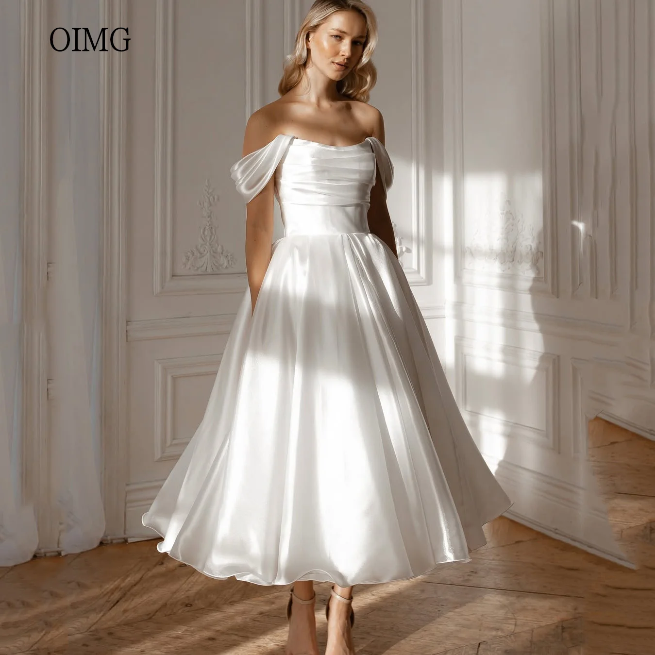 OIMG Classic Ivory A-line Wedding Dress Off The Shoulder Bride Dresses Tea Length Wedding Gowns vestidos para mujer Customized