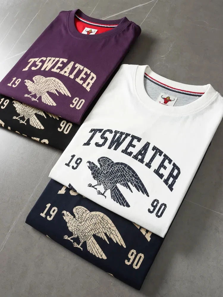 2025 Summer New American Retro Short Sleeve O-neck Letter Eagles Printed T-shirt Men's Fashion 100% Cotton Washed Casual Tops