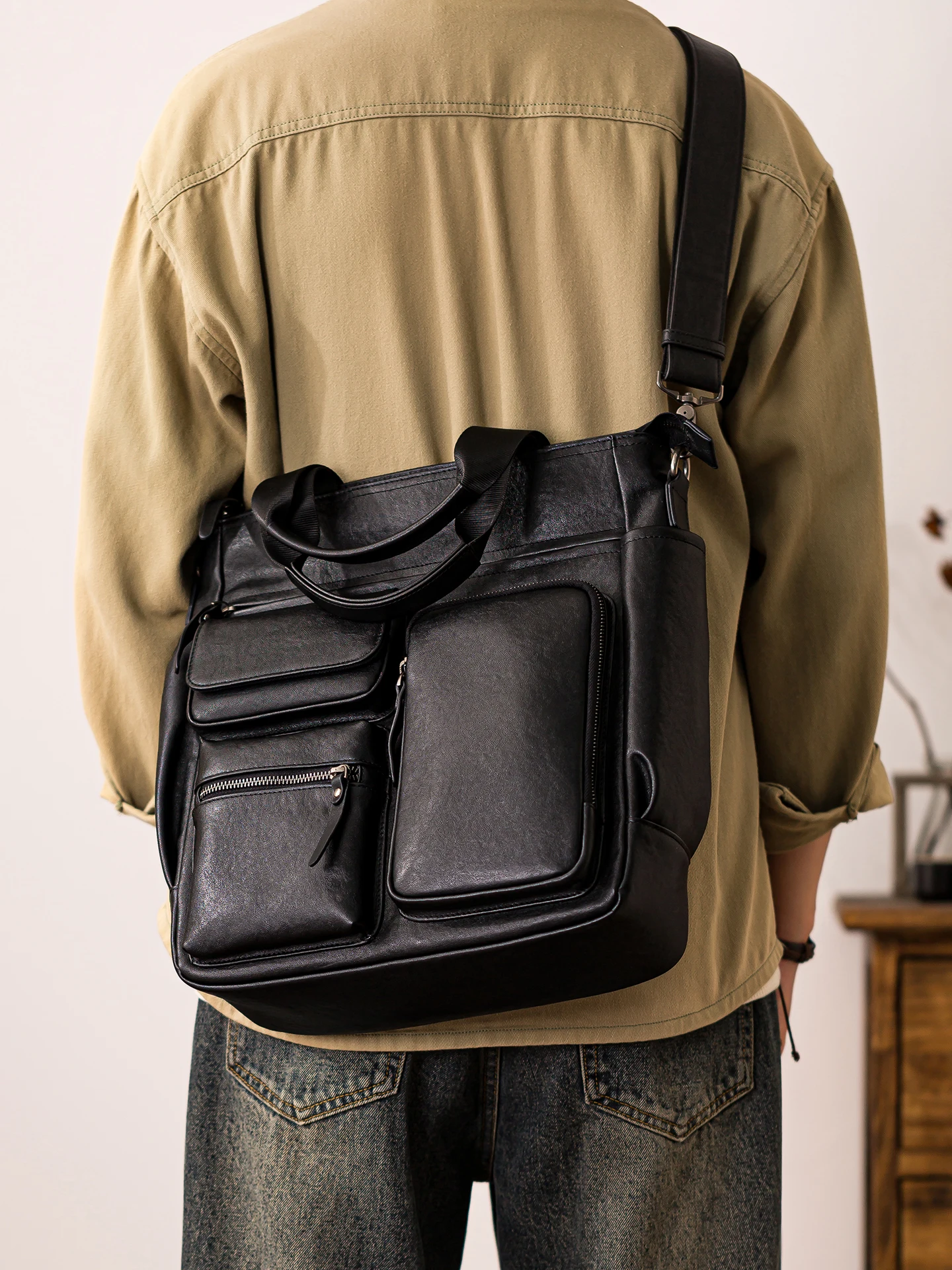 casual daily work first layer cowhide men's black handbag outdoor commuting real cow leather multi-pocket file shoulder bag