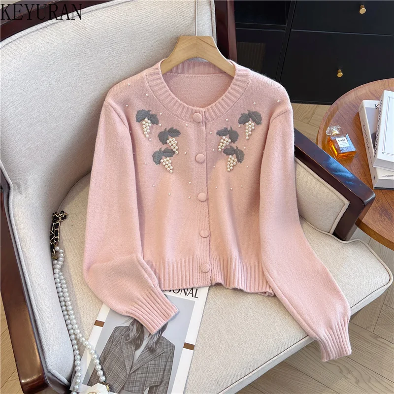 Sweet Knitted Cardigan Women Autumn O-Neck Long Sleeve Three-dimensional Grape Embroidery Beaded Short Sweater Ladies Loose Tops