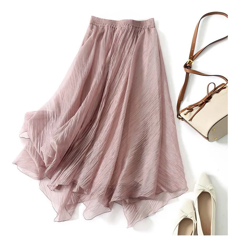Chiffon A-Line Skirt Casual Pleated Maxi Skirt Summer Boho Long Skirts Harajuku Beach High Waist Skirts Woman Clothes