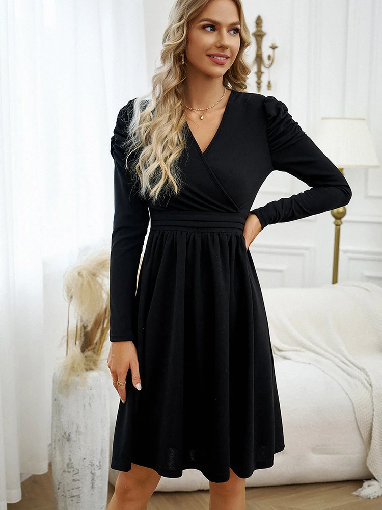 Elegant Midi Dresses For Women Autumn Winter Casual V Neck Puff Sleeve Basic Dress Fashion Black A-line New In Dresses 2023