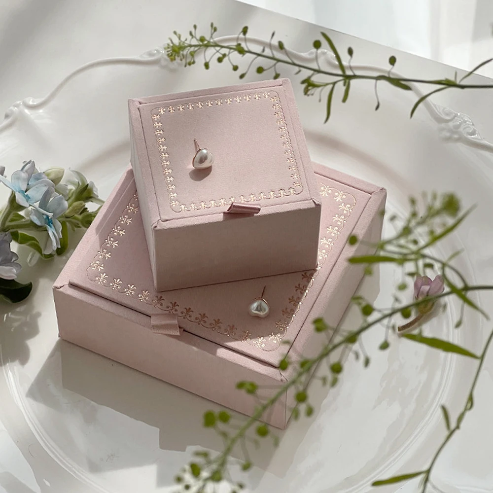 10pcs Pink Jewelry Packaging Box Vintage Flocked Wooden Velvet Paper Boxes For Ring Earrings Pearl Necklace Stud Luxury Storage