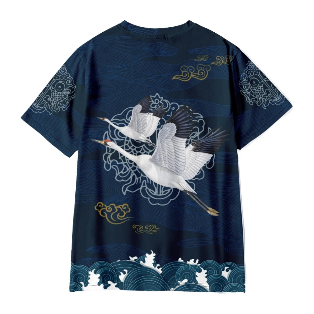 Kanagawa Wave Samurai Crane Print Men Sets Fashion T-shirt Set Hawaiian Fitness Outdoor Shorts Summer Suit 2 Piece Clothing