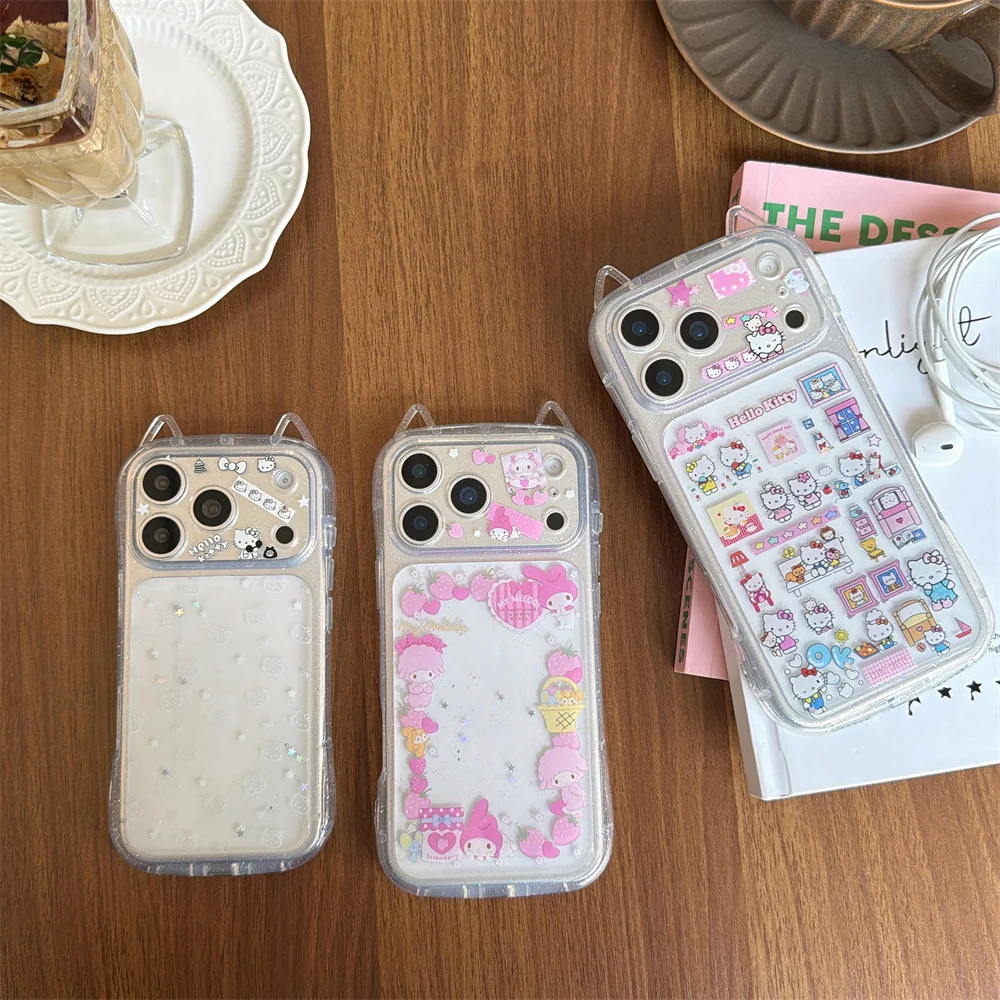 

Cute Cat Ears Glitter Melody Hellokitty Phone Case for iPhone 16 Pro 15 14 17 Pro Max Cases Cute Strawberry Cover Shockproof Fun