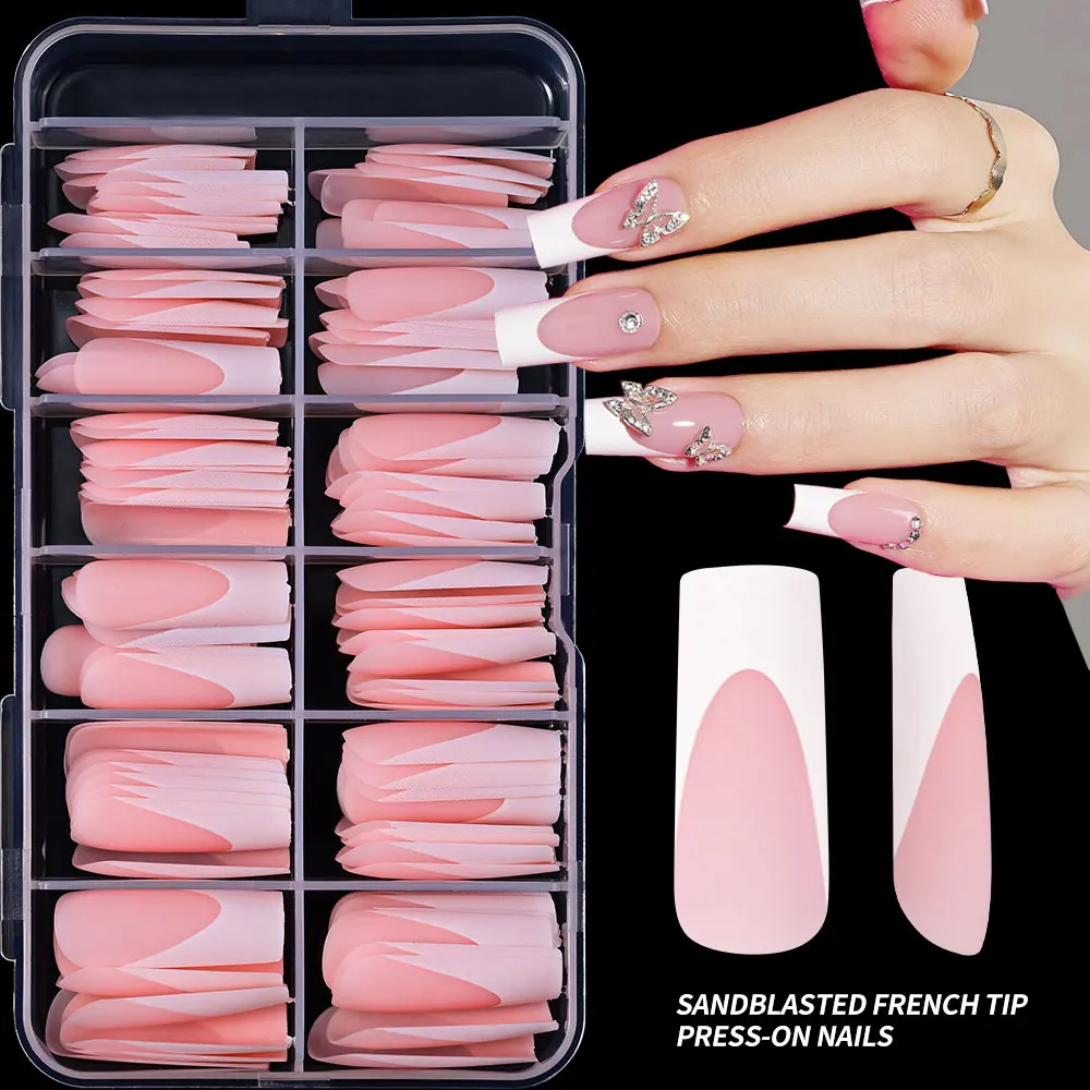 

120 шт./кор. матовые белые французские розовые накладные ногти, длинные квадратные акриловые накладные ногти с полным покрытием, французские предварительно стойкие накладные ногти